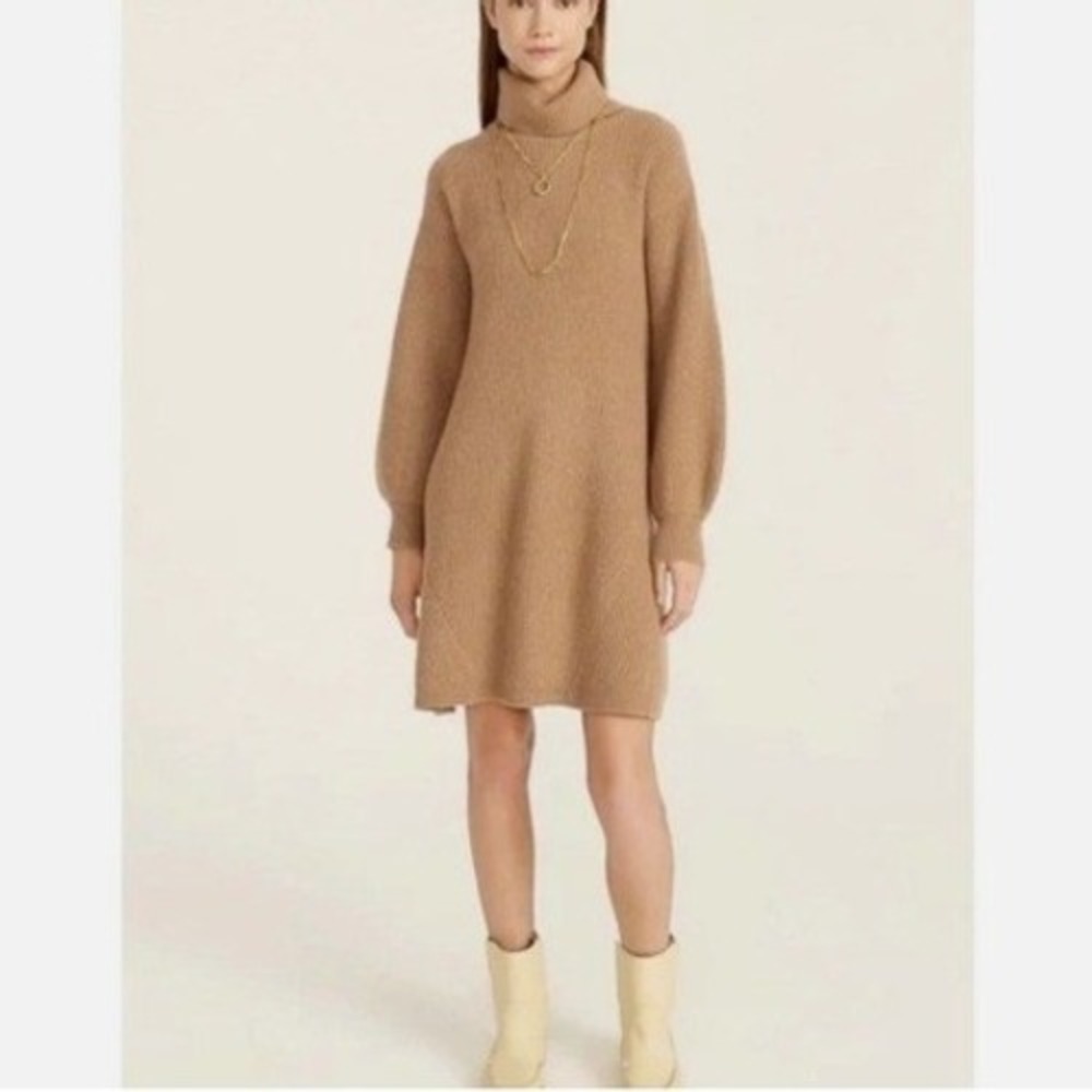 NEW J.Crew Sweater Dress Womens S Brown Wool Cashmere Turtleneck Lantern Sleeve‎